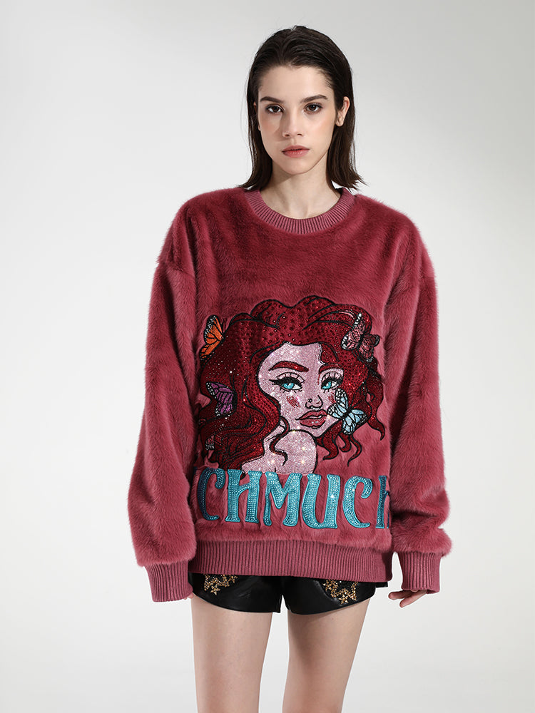 TCH Rhinestone Graphic Oversized Sherpa Pullover Sweatshirt