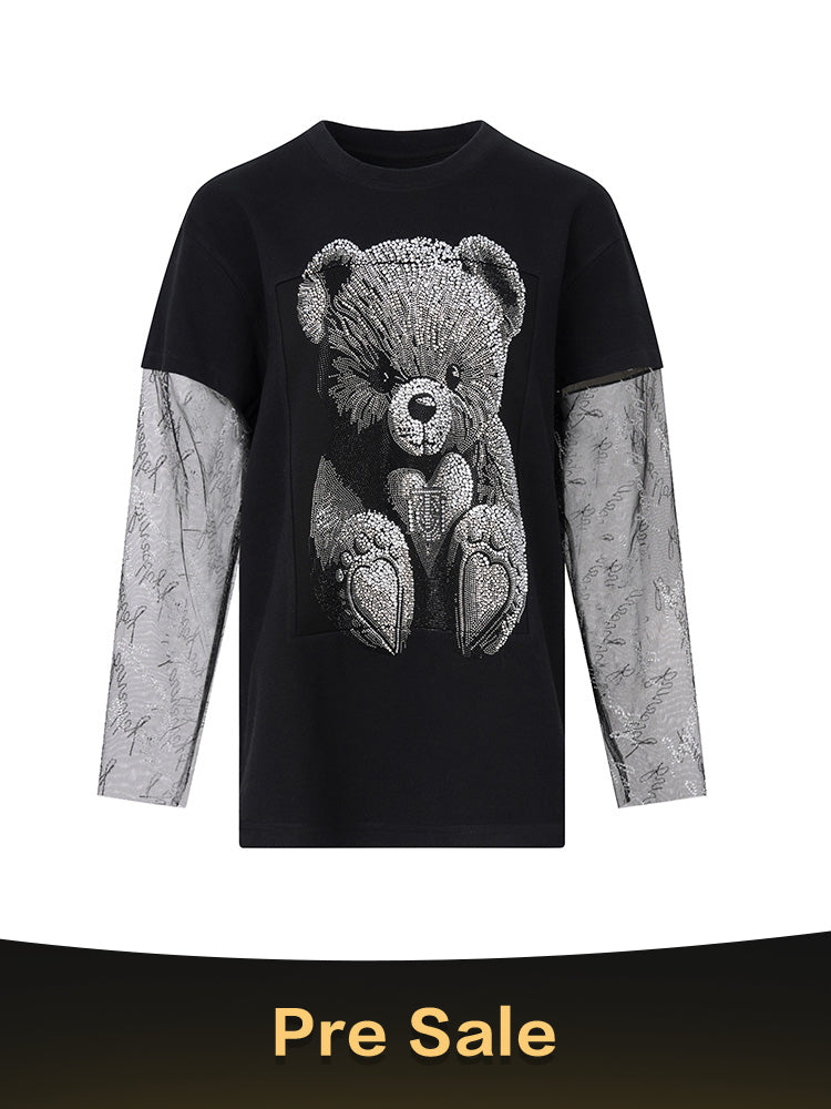TCH Pre-sale Teddy Bear Rhinestone Sheer Mesh Sleeve Top