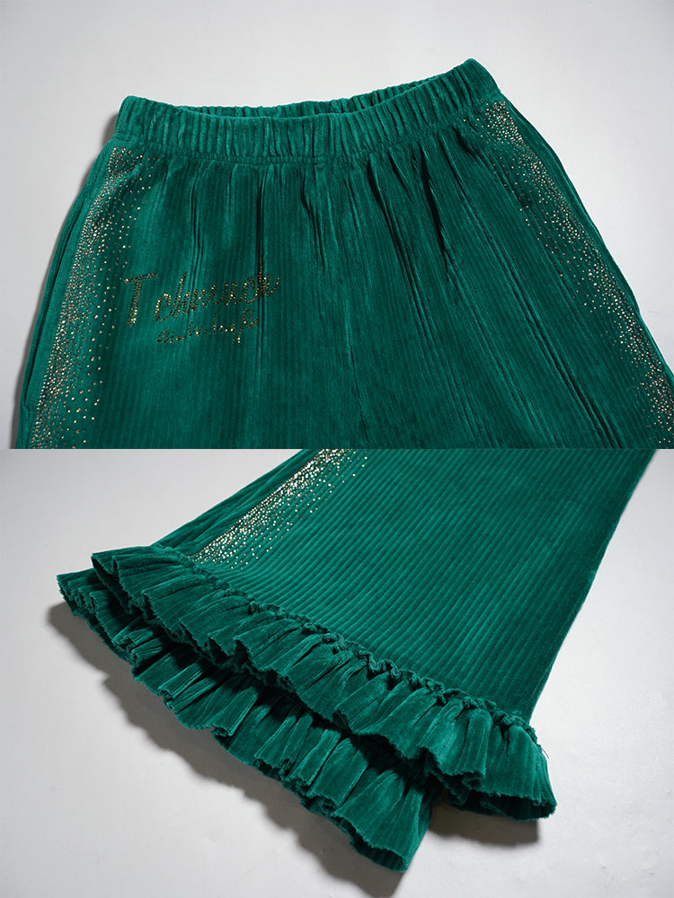 TCH Rhinestone Ruffle Wide-Leg Knit Pants