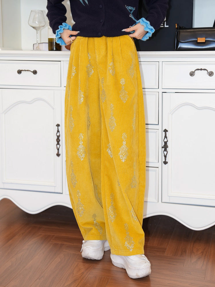 TCH Striple Rhinestone Patterned Velvet Long Pants