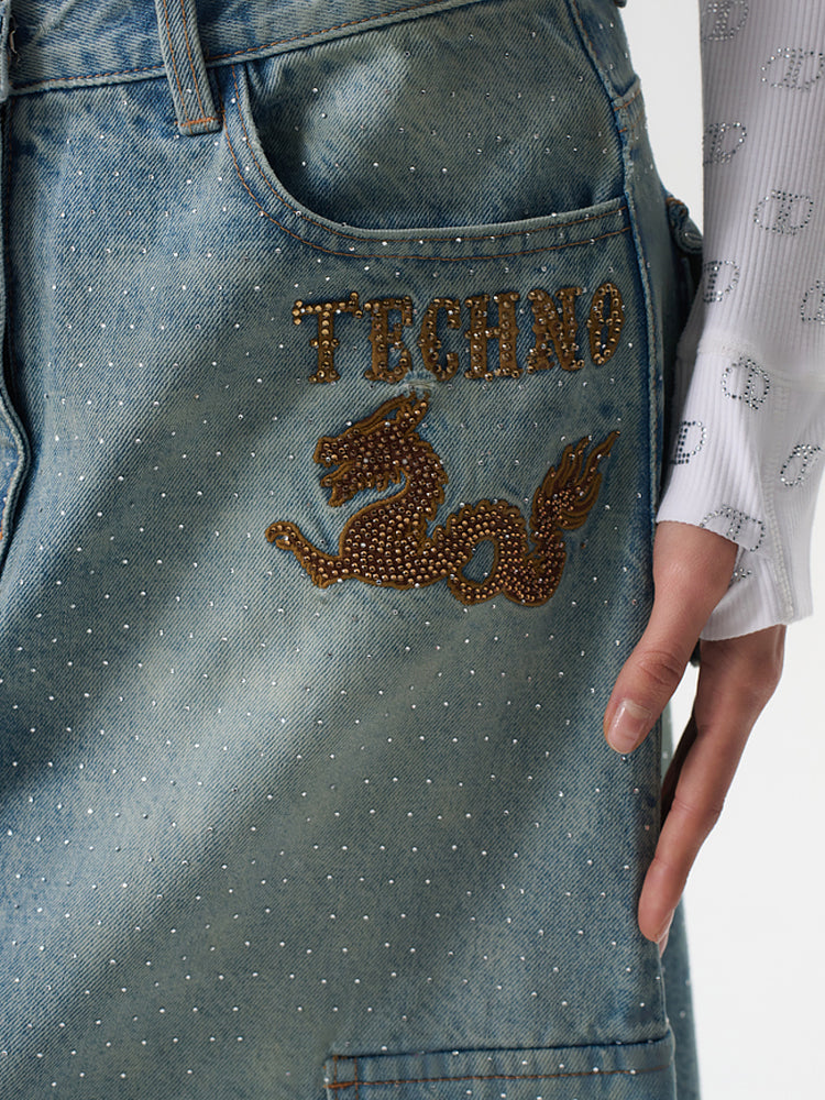 TCH Rhinestone Letter Print High Waist Denim Skirt with Pockets