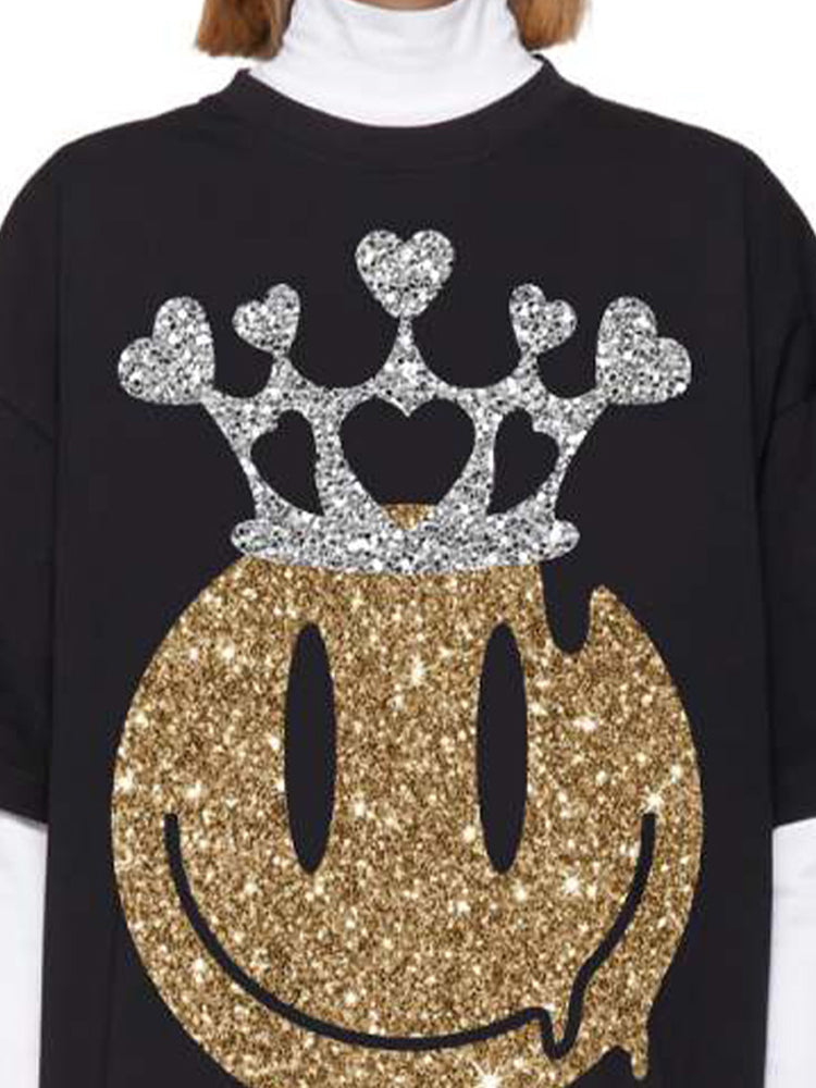 TCH Smile Crown Rhinestone Short Sleeve T-Shirt