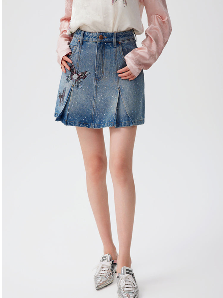 TCH Ruched Rhinestone Butterfly Denim Mini Skirt