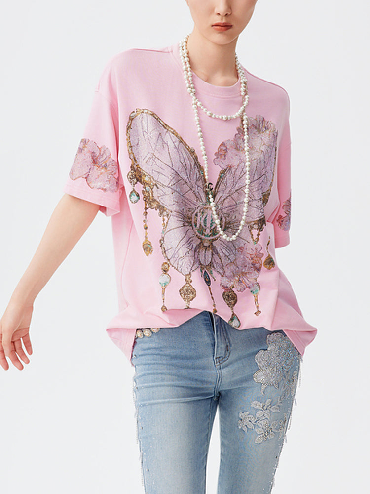 TCH Luxury Rhinestone Butterfly Shiny T-Shirt in Pink
