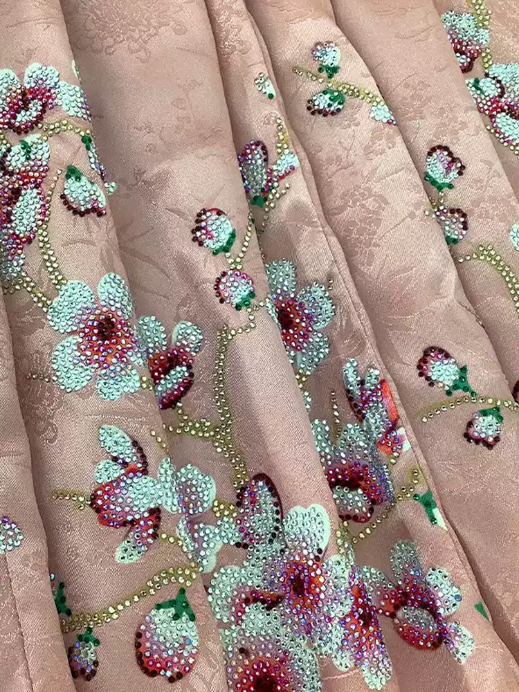 TCH Jacquard Flower  Rhinestone Wide Leg Long Pants