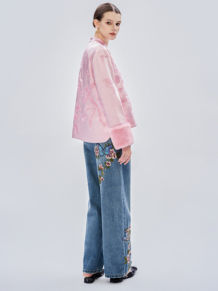 TCH Crystal Embroidered Floral Wide Leg Jeans