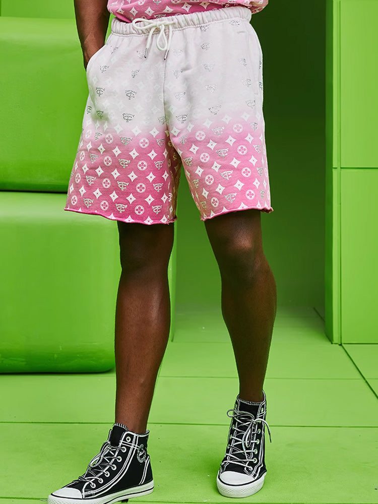 TCH Logo Print Rhinestone Ombre Died Casual Shorts