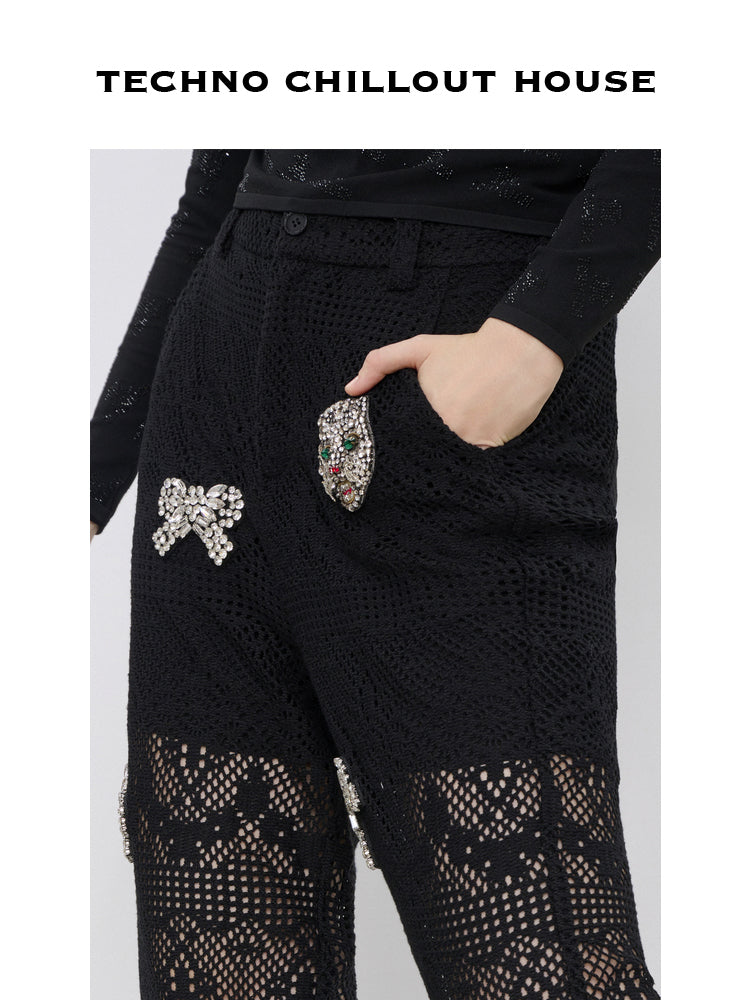 TCH Bow Rhinestone Lace High Waist Trousers