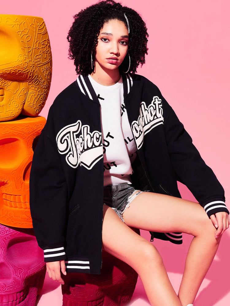 TCH Rhinestone Monogram Print Zip School Jacket