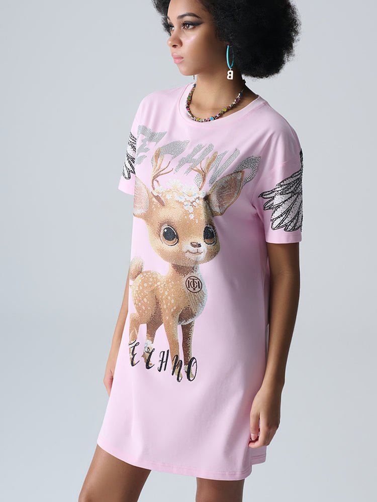 TCH Wings Deer Print Rhinestone T-shirt Dress
