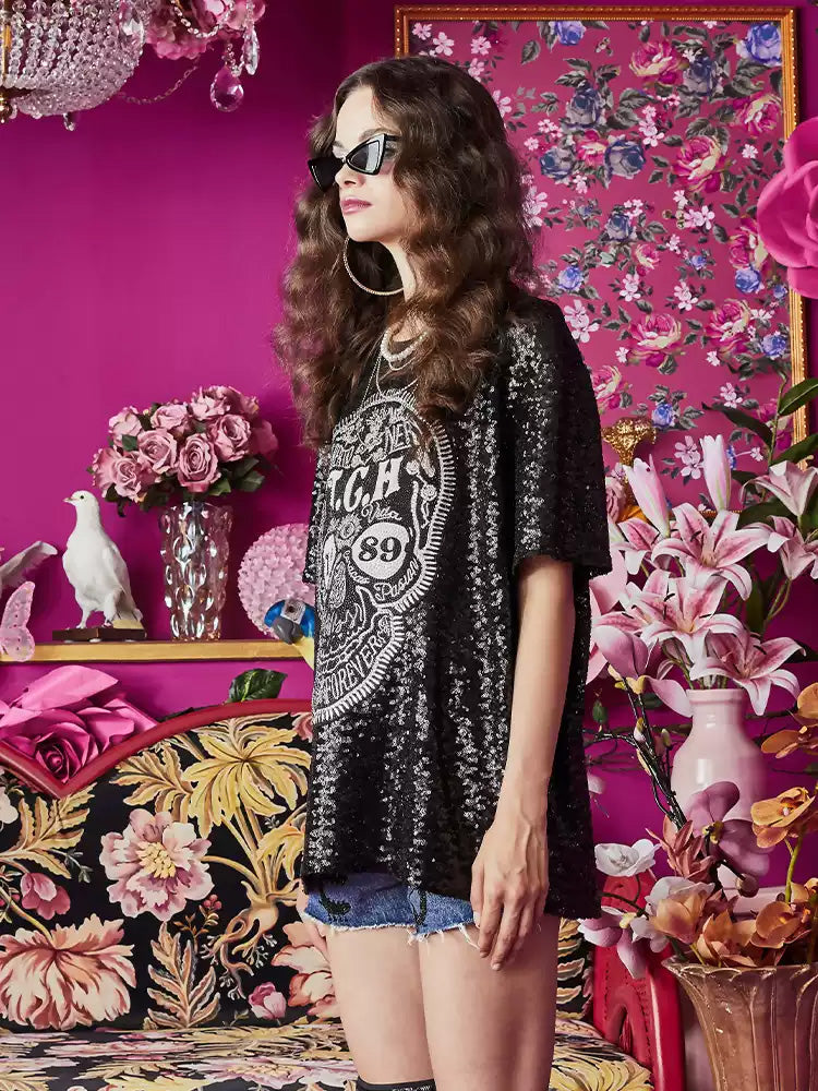 TCH Skull Print Rhinestone Streetwear T-shirt with Sequins