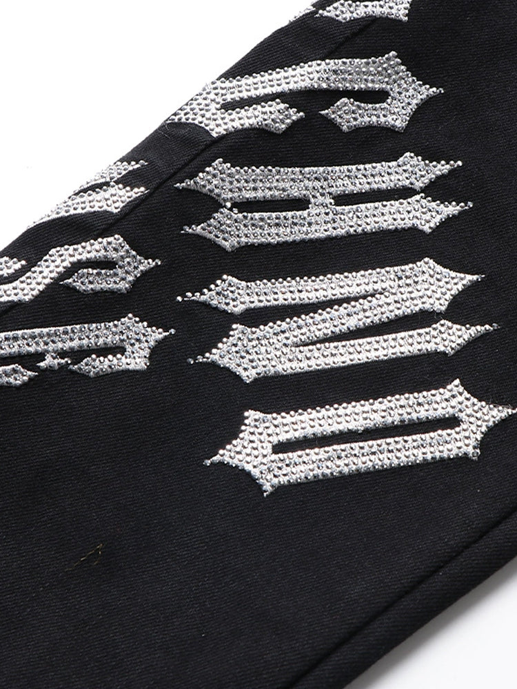 TCH Rhinestone Letter Embellished Denim Pants