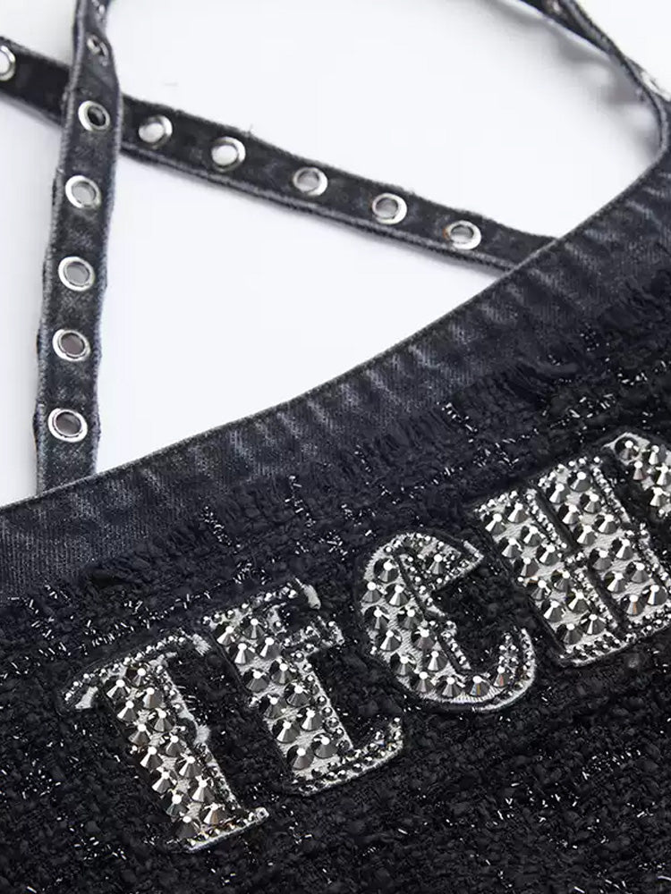 TCH Logo Print Rhinestone Sleeveless Mini Dress