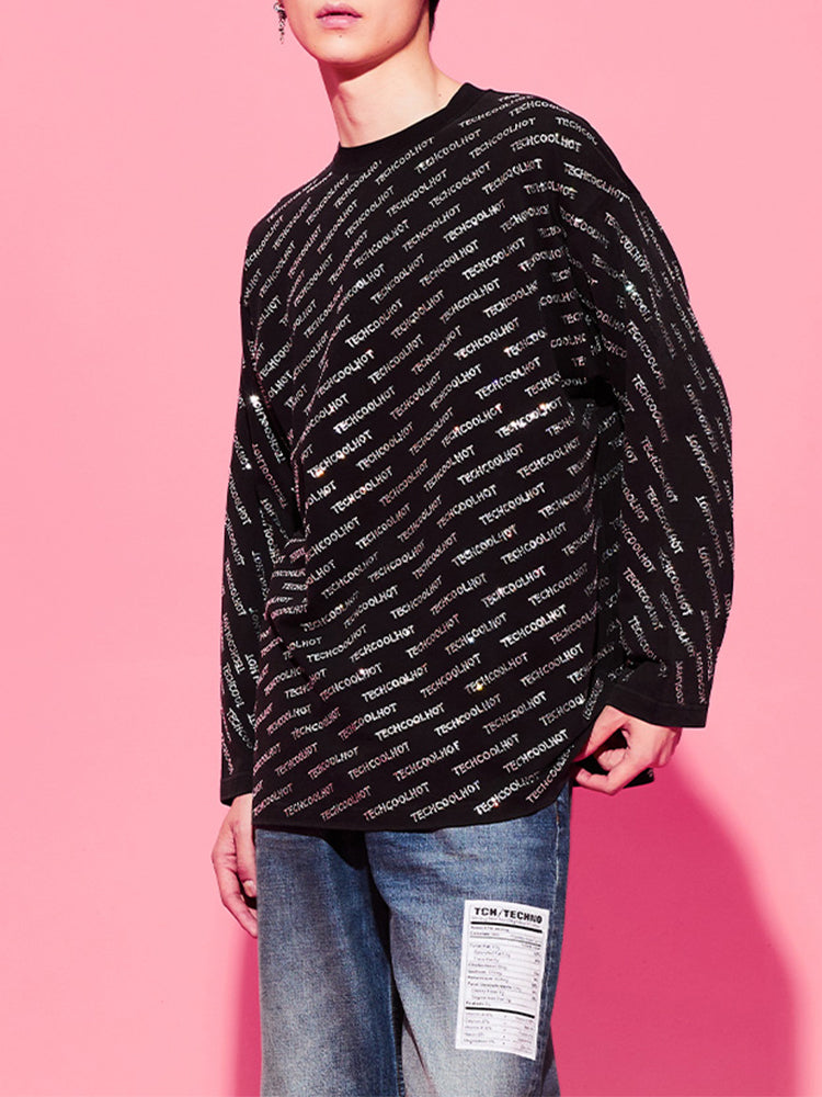 TCH Men's Letter Rhinestone  Long Sleeve Top