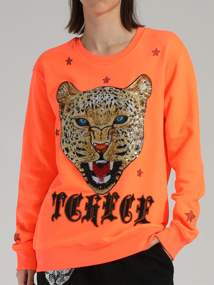 TCH Women's Leopard Star Rhinestone Crewneck Sweatshirt