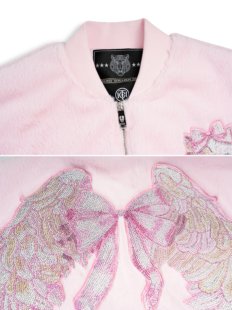 TCH Cat Rhinestone Wings Faux-Fur Jacket