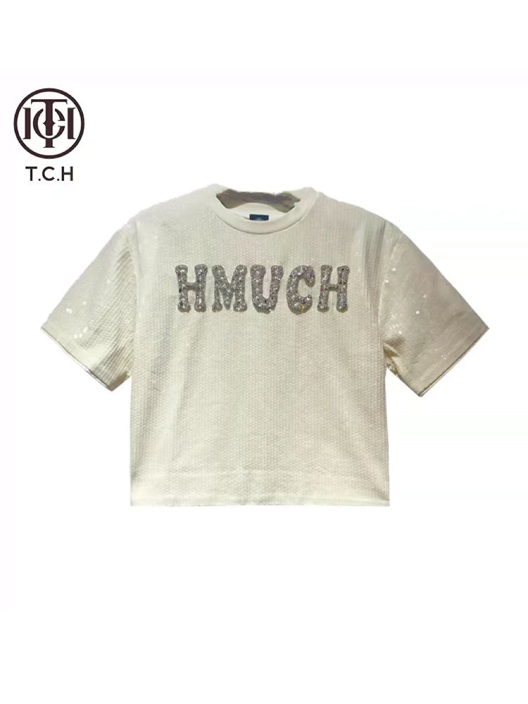 TCH Rhinestone Letter Print  Cotton T-shirt