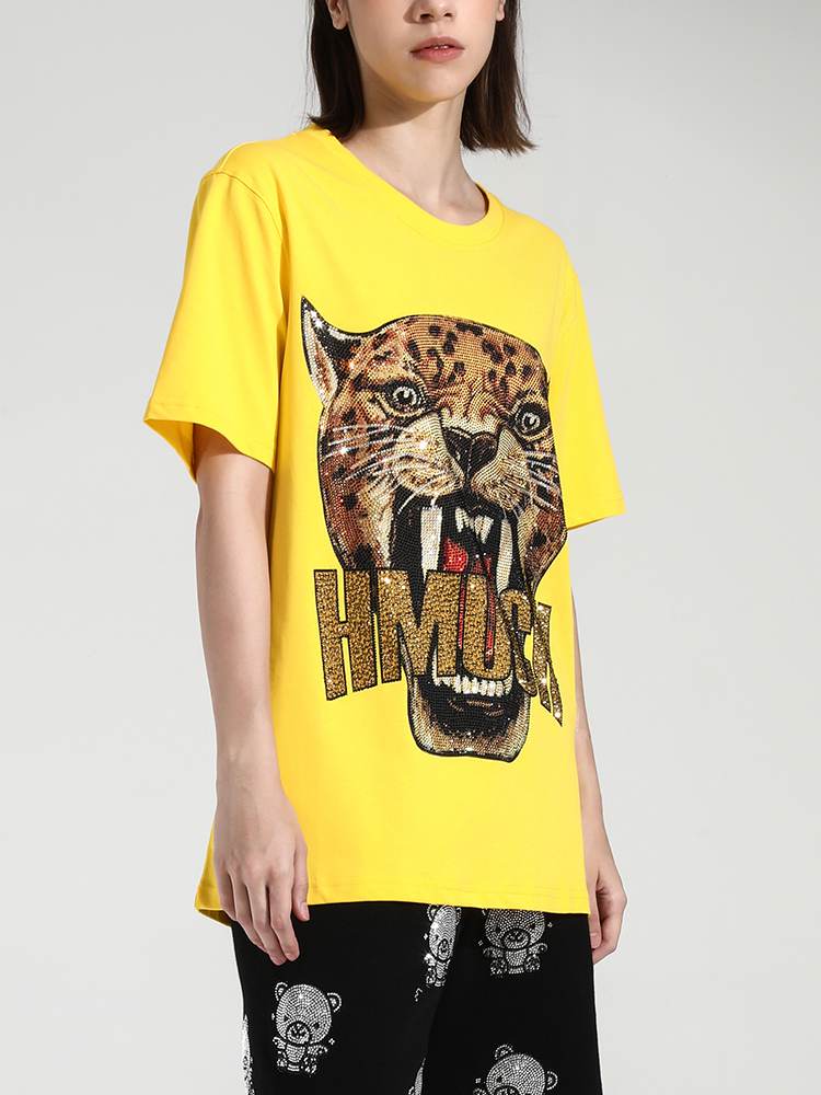 TCH Womens Roaring Leopard Rhinestone Short Sleeve T-Shirt