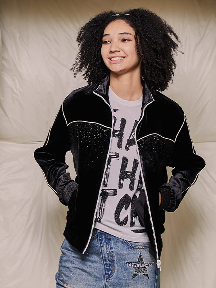 TCH Velvet Rhinestone Zip Up Jacket