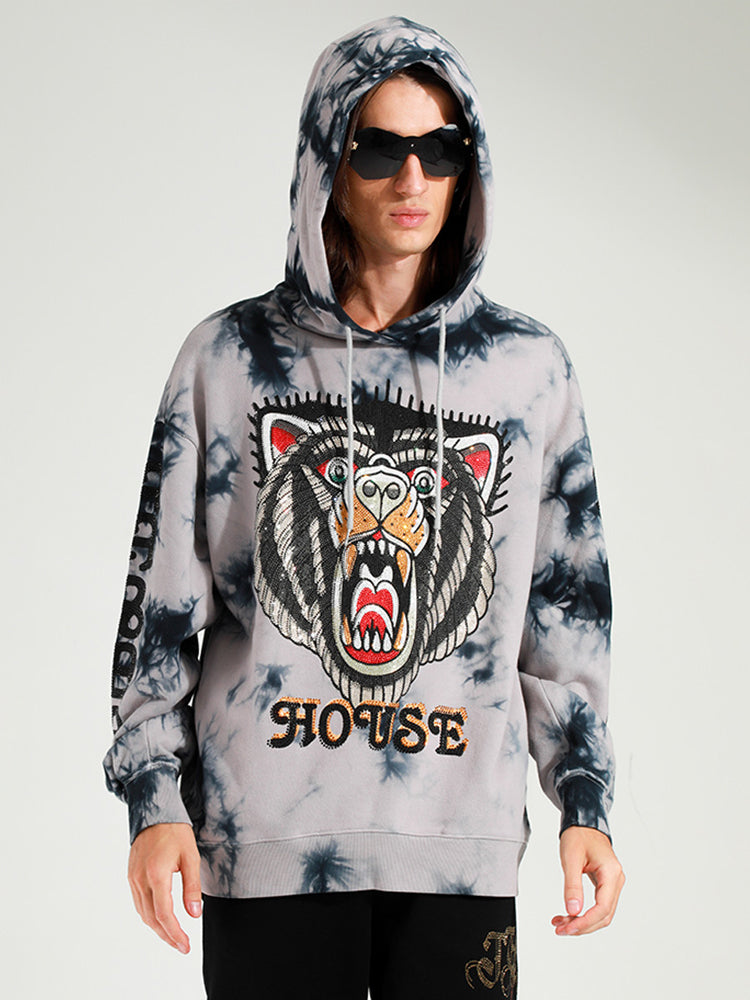 TCH Tiger Graphics Rhinestone Tie Dye Hoodie