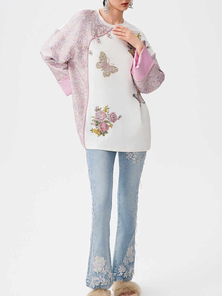 TCH Rhinestone Floral Embroidery Patchwork Satin Blouse