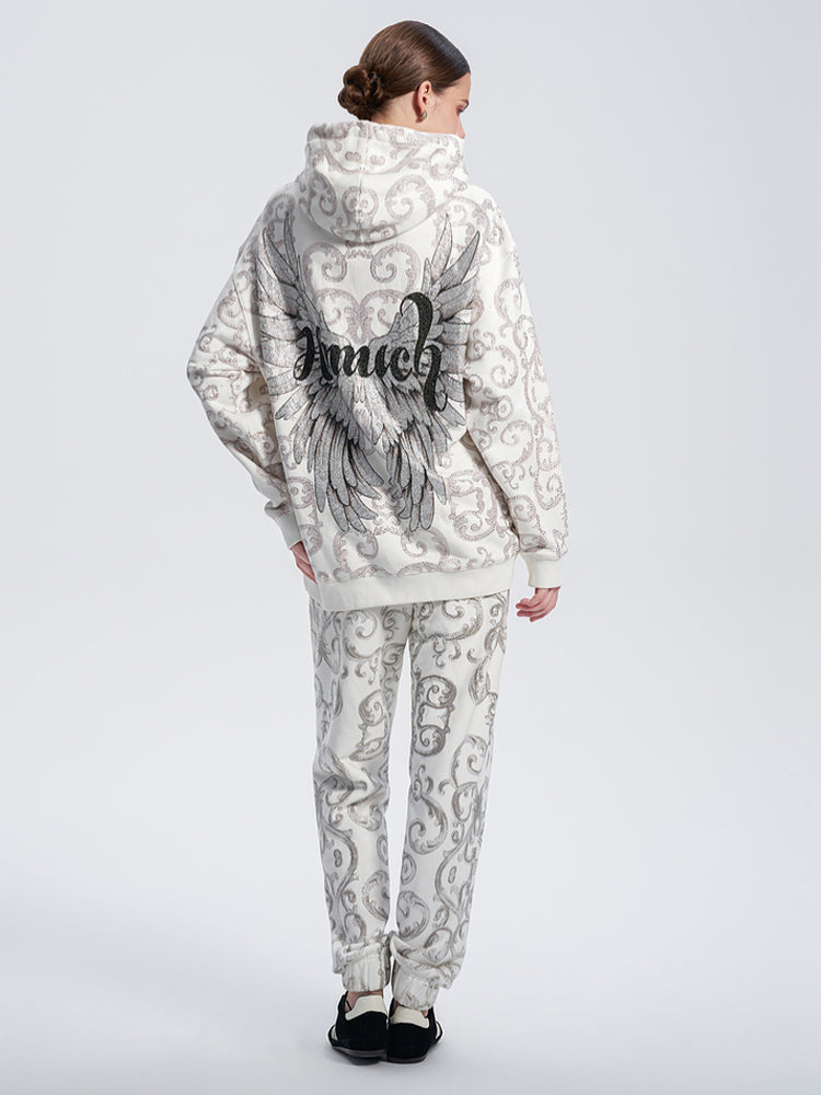 TCH Luxury 2 Pieces Allover Rhinestone Hoodie and Elastic Waist Pants