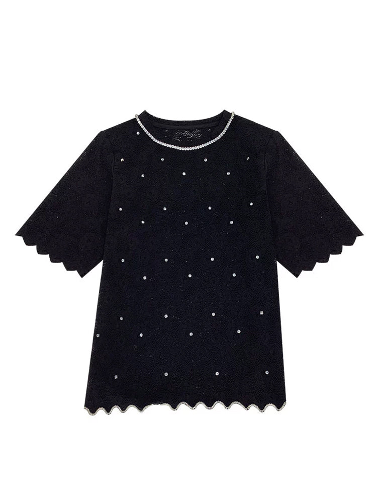 TCH Rhinestone Embellished Lace Flower Sleeve Top