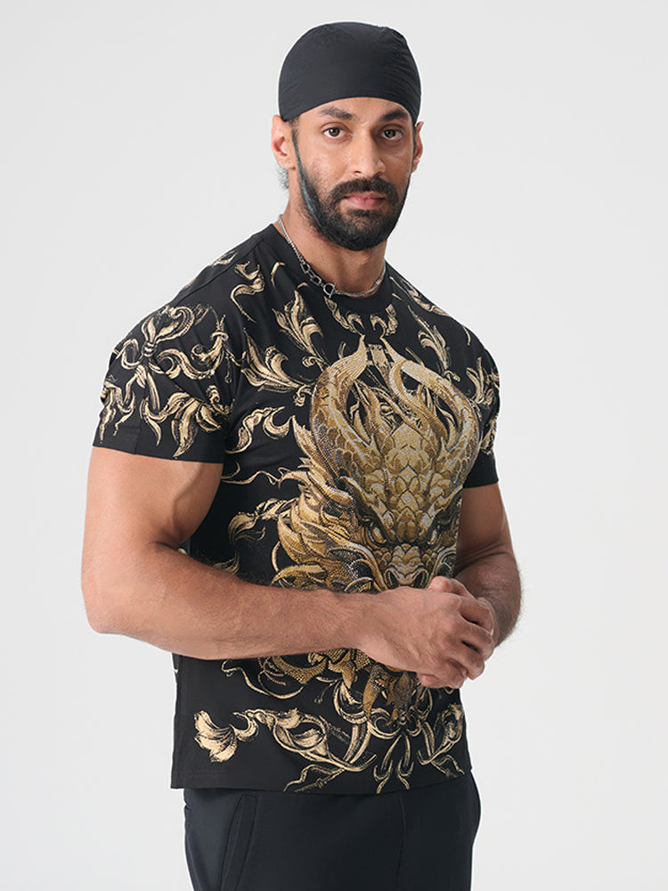 TCH Luxury Gold Rhinestone Dragon Graphic Top