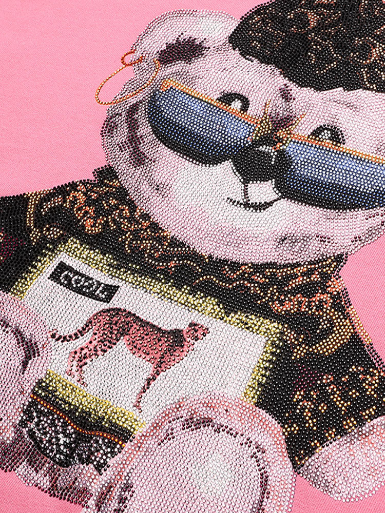 TCH Bear Rhinestone Long Sleeve Pink Hoodie