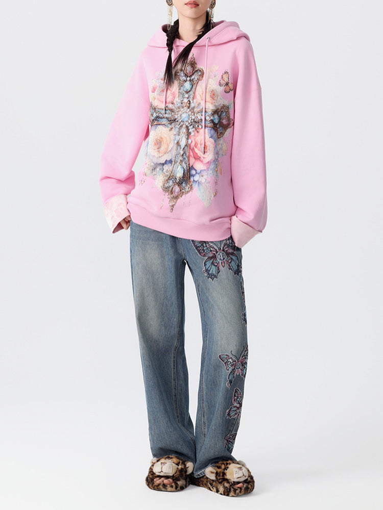 TCH Crystal Embroidered Butterfly Wide Leg Jeans