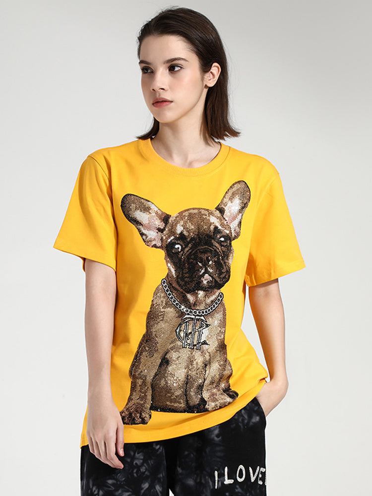 TCH Rhinestone Dog Print Short Sleeve T-shirt
