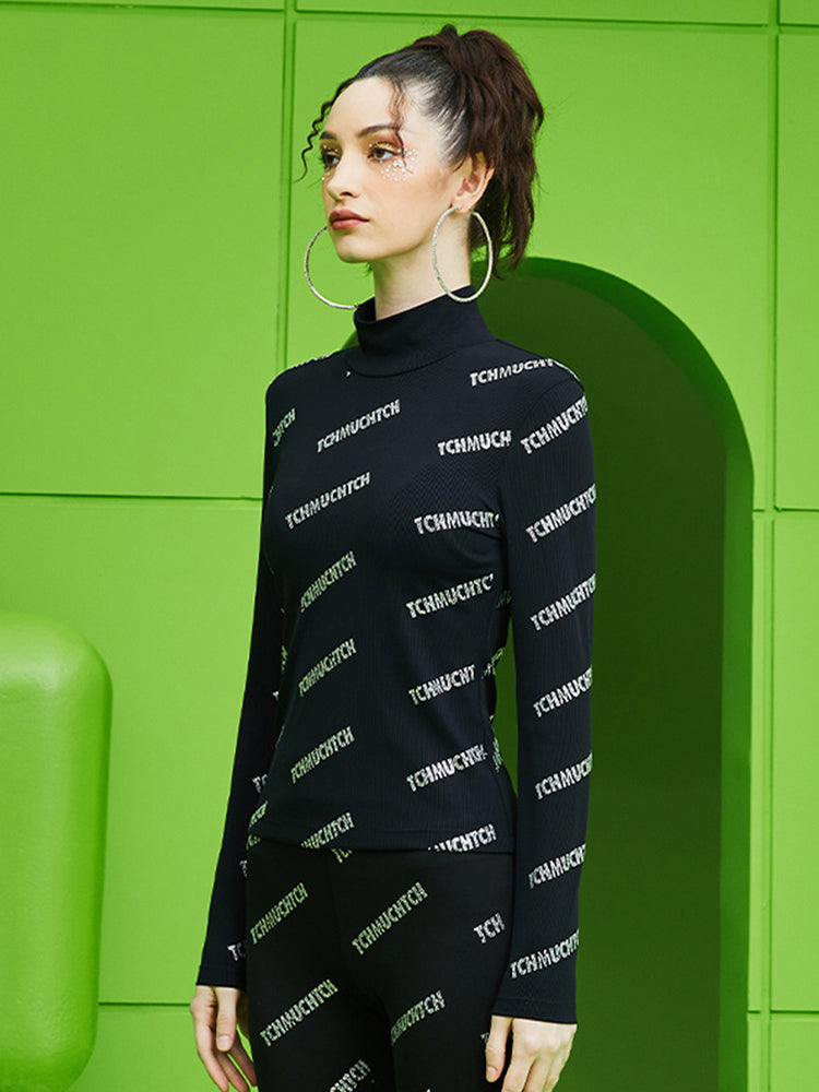 TCH Letter Rhinestone High Neck Long Sleeve Top