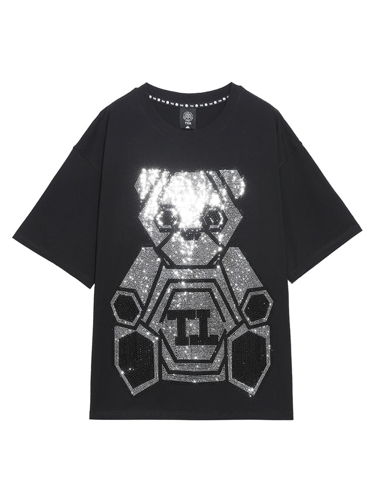TCH Robot Bear Rhinestone Short Sleeve T-Shirt