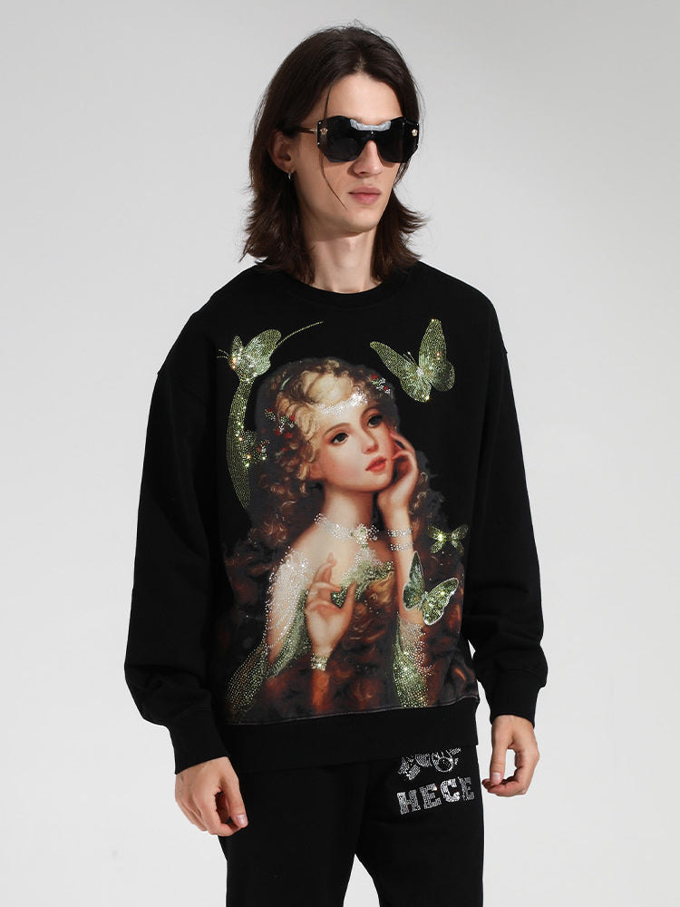 TCH Men's Butterfly Girl Graphics Rhinestone Sweatshirt