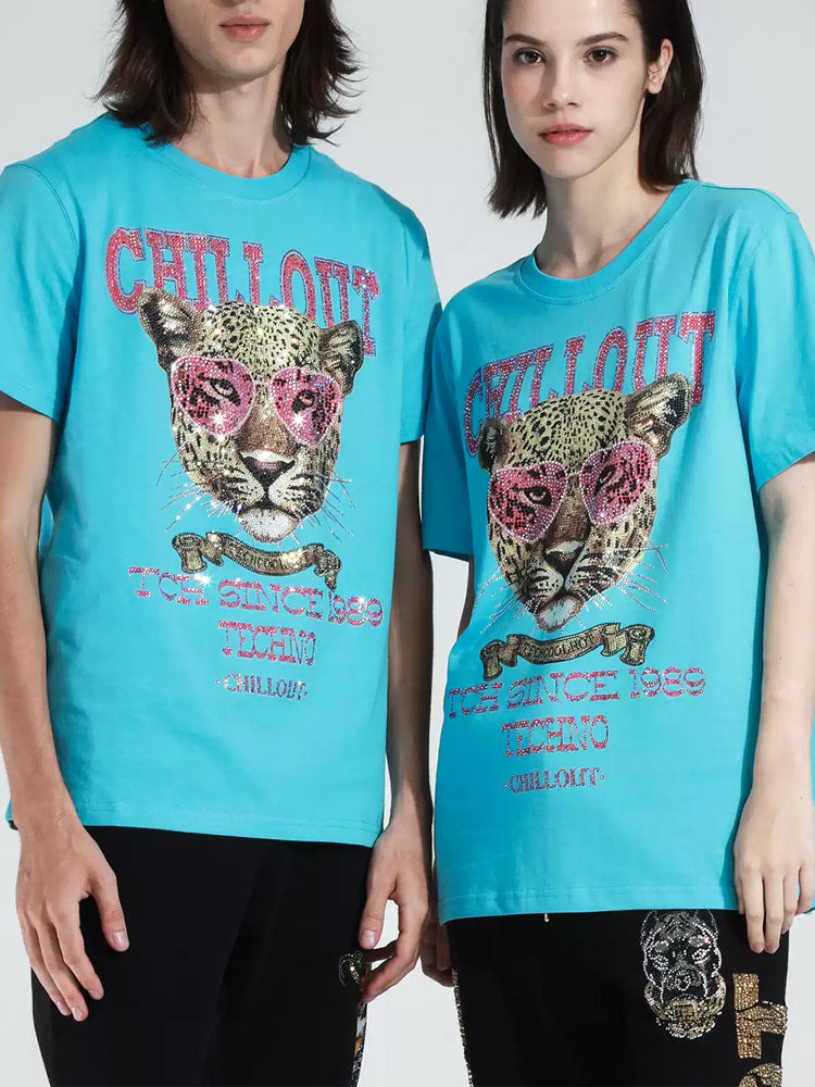 TCH Letter Cheetah Rhinestone Short Sleeve T-shirt