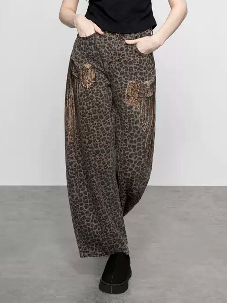 TCH Rhinestone Leopard Print High Waist Wide Leg Jeans
