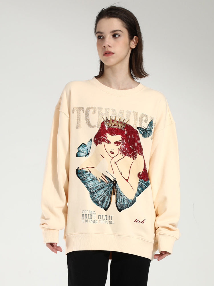 TCH Women's Rhinestone Crown Butterfly Oversized Sweatshirt