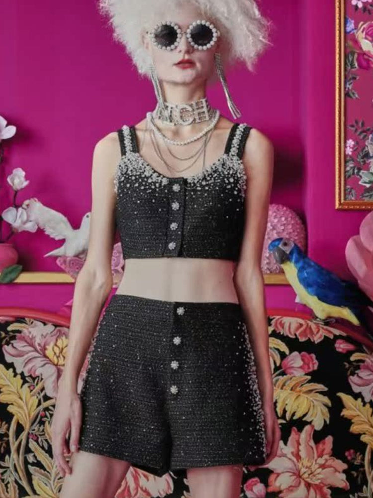TCH Crystal Embellished Bling Tweed Crop Top