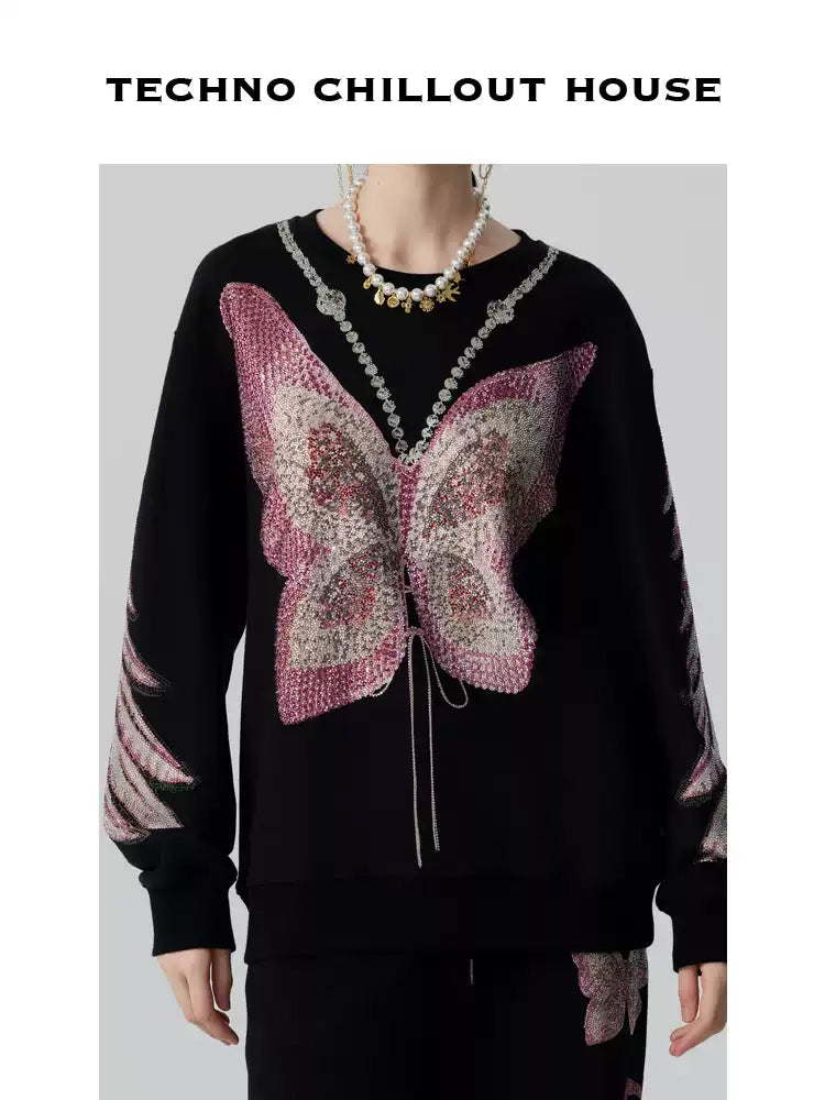TCH Pink Rhinestone Butterfly Wing Sleeve Sweatshirt