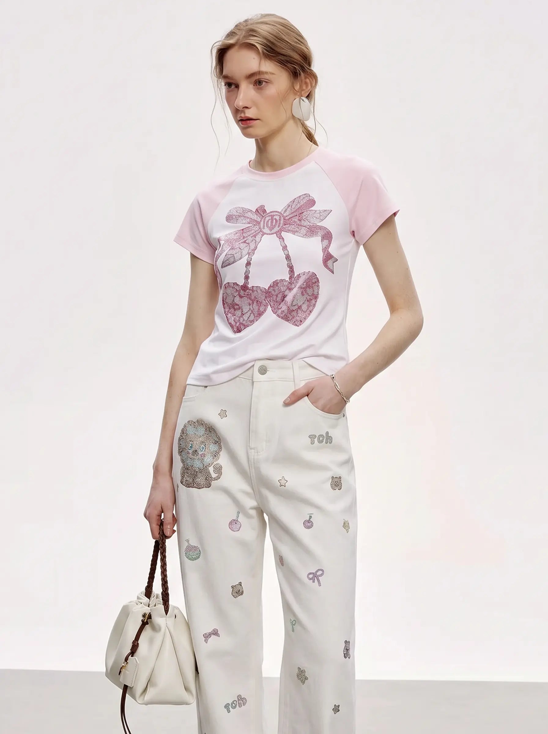 TCH Pink Bow Rhinestone Graphic Raglan T-Shirt