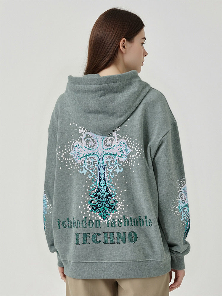TCH Rhinestone Letter Graphic Hooded Sweatshirt