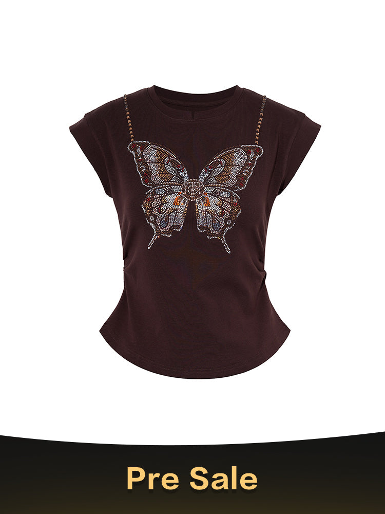 TCH Presale Butterfly Rhinestone Ruched Waist  Crop Top