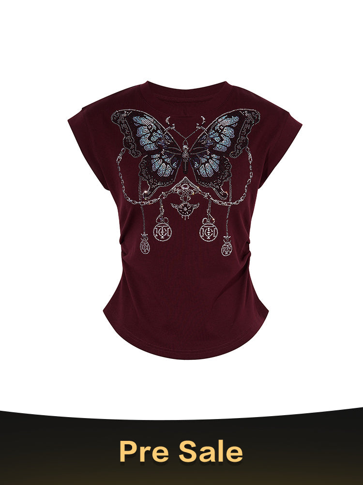 TCH Presale Rhinestone Butterfly Ruched Waist  Crop Top