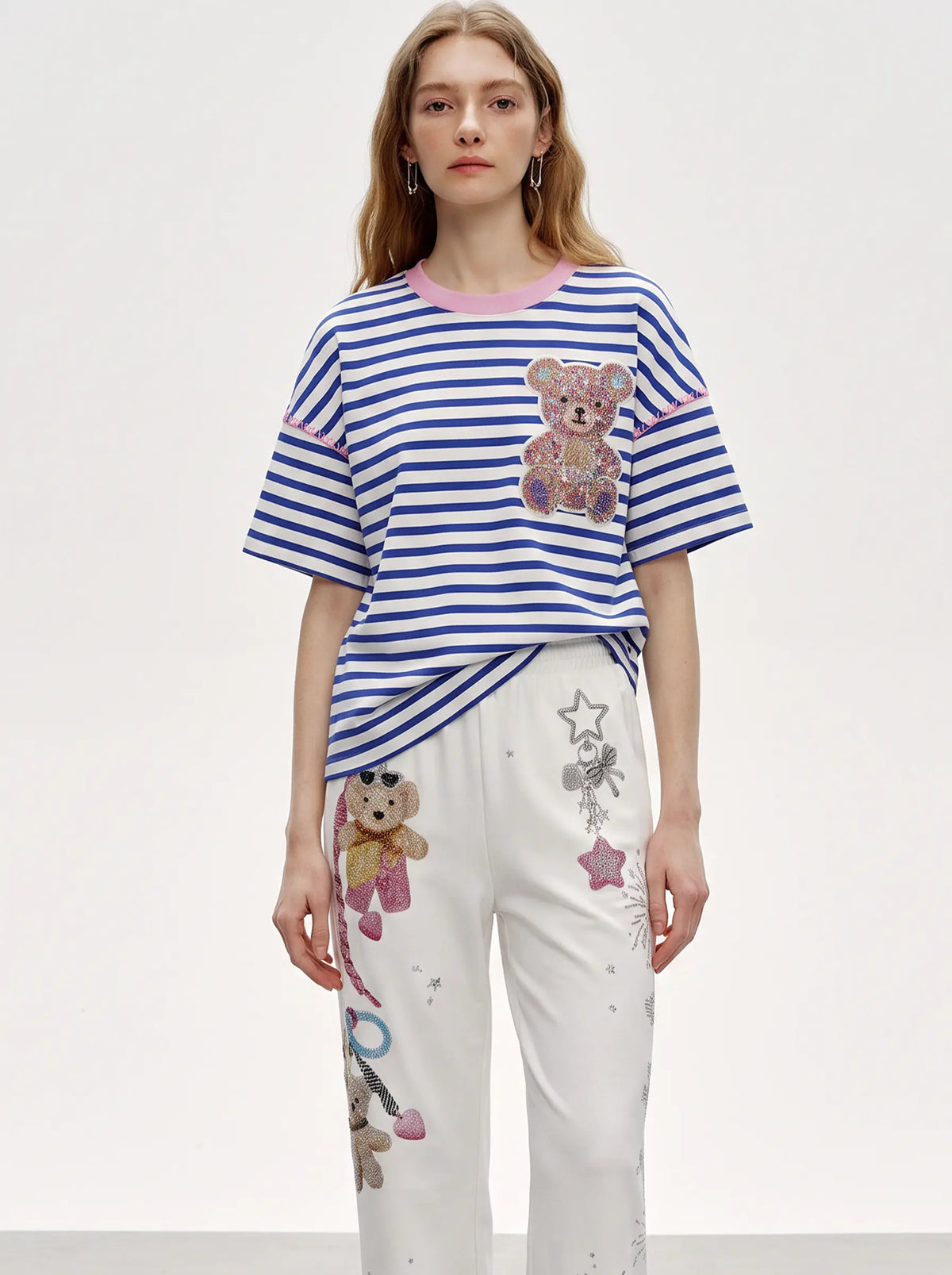 TCH Rhinestone Teddy Bear Striped Short Sleeve T-Shirt