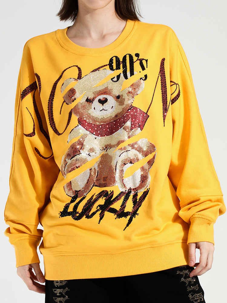 TCH Coated Bear Letters Rhinestone Long Sleeve Sweatshirt