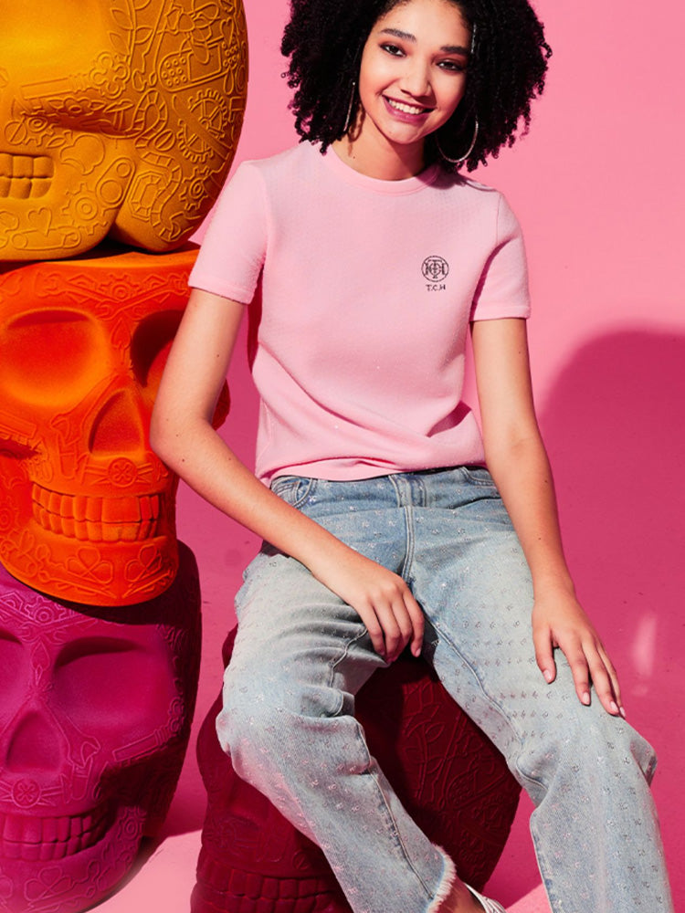 TCH Logo Print Rhinestone Slim T-Shirt with Pink