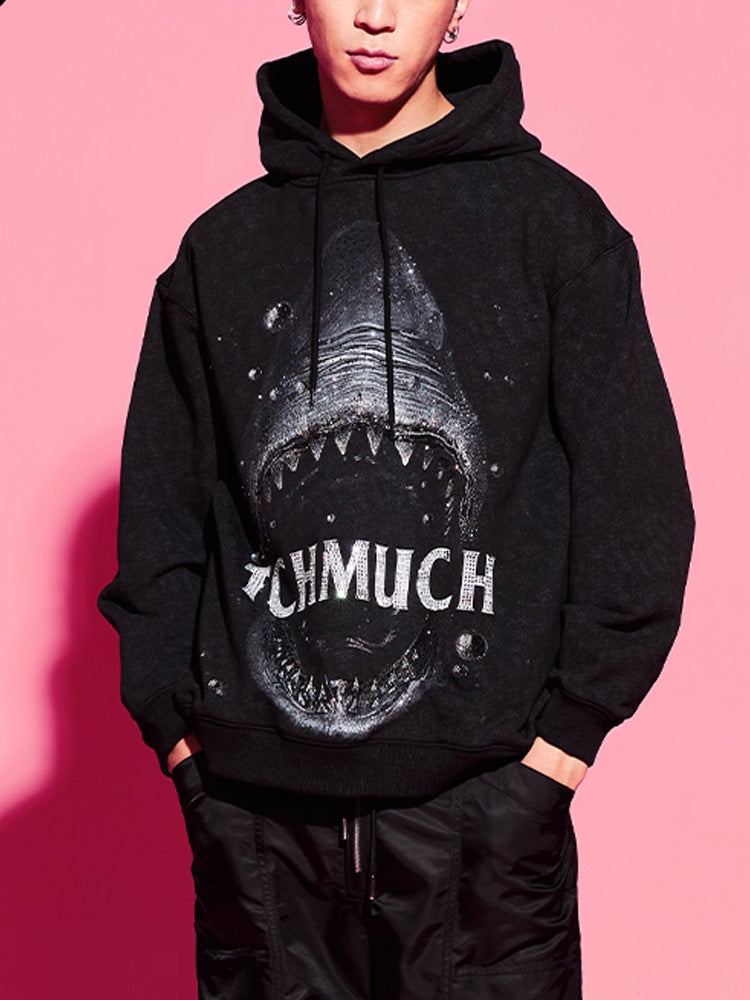 TCH Rhinestone Shark Print Black Hoodie