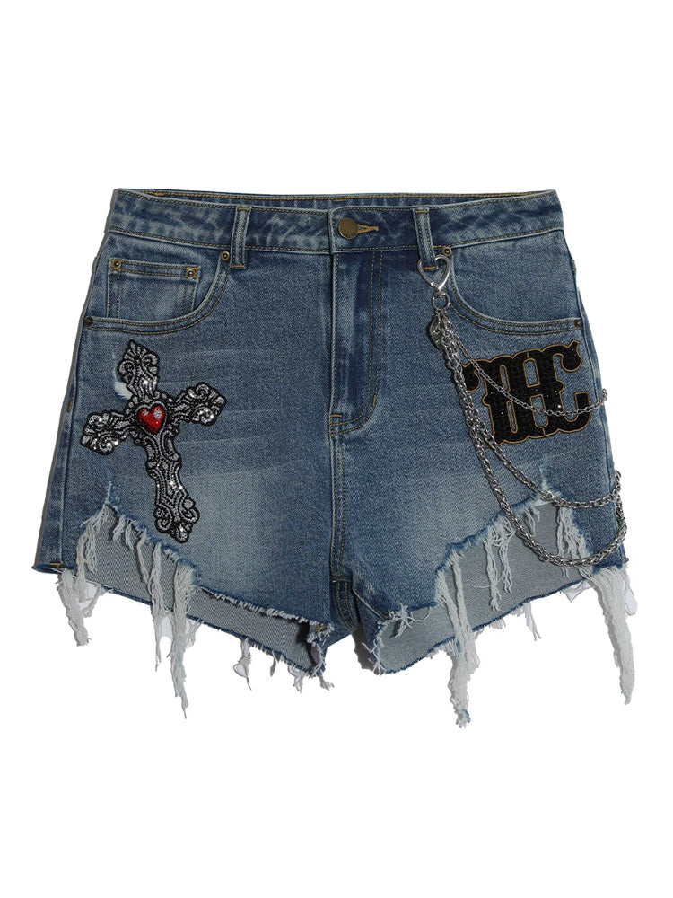 TCH Crystal-Embellished Graphic High Waist Denim Shorts
