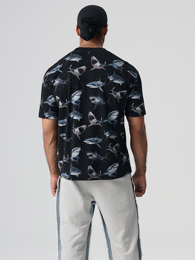TCH Beach Rhinestone Shark Hawaiian T-Shirt