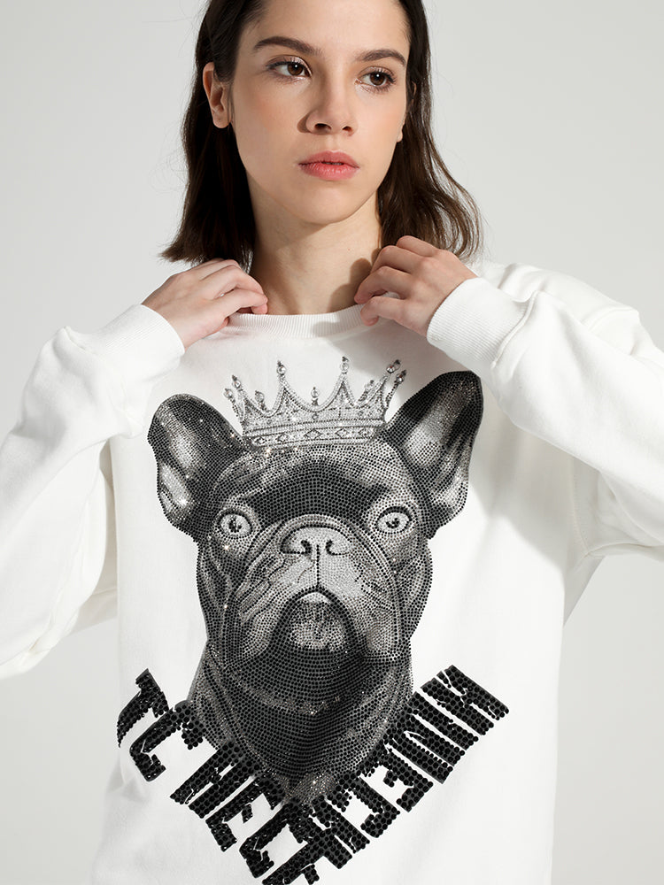 TCH Women's Rhinestone Dog White Sweatshirt